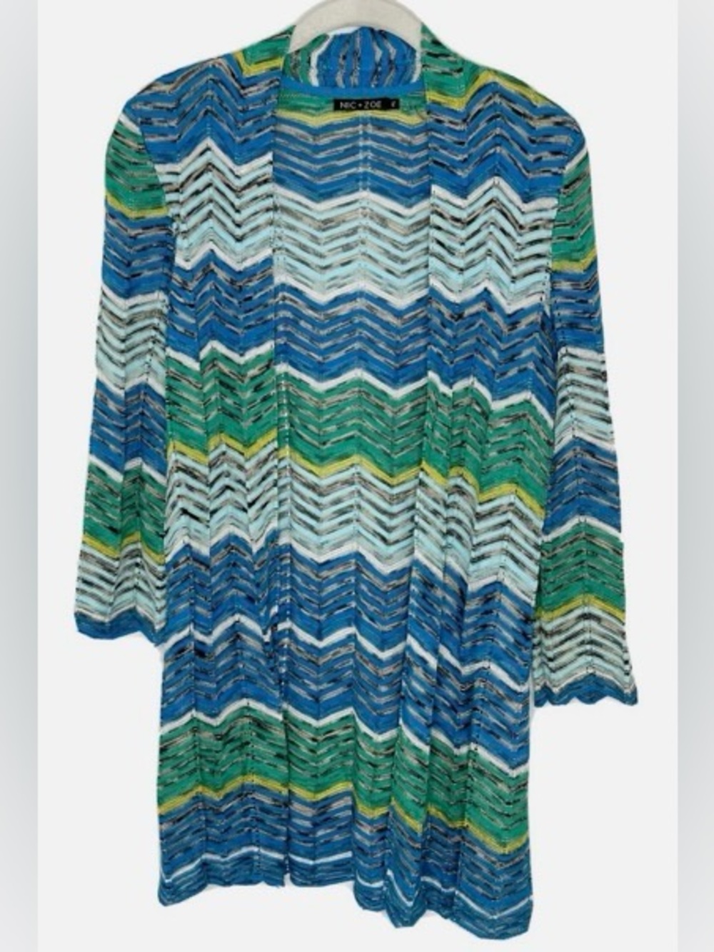 NIC+ZOE Blue & Green Chevron Lightweight Knit Summer Sheer Cardigan